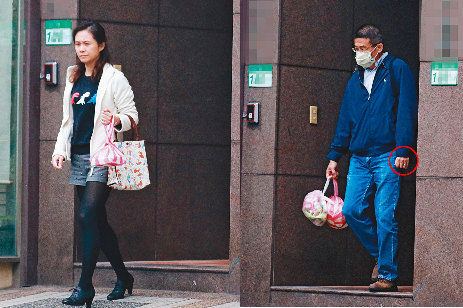 王浩（右）離開後，台北市家暴防治中心主任陳淑娟（左）隨後也步出華廈。