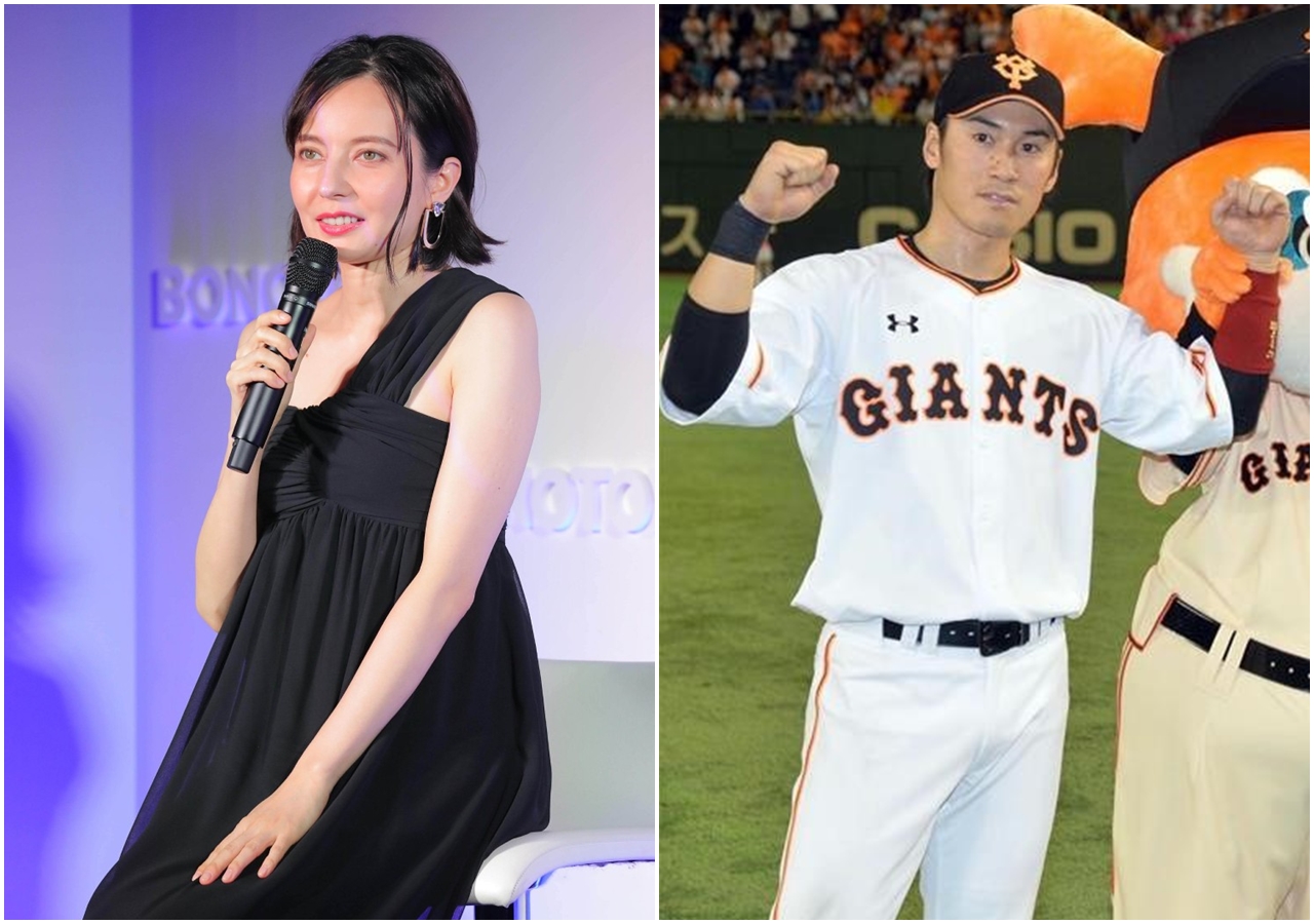 貝琪（左）去年2月閃婚日本職棒巨人隊教練片岡治大（右），近日平安產子。（翻攝自日本雅虎）