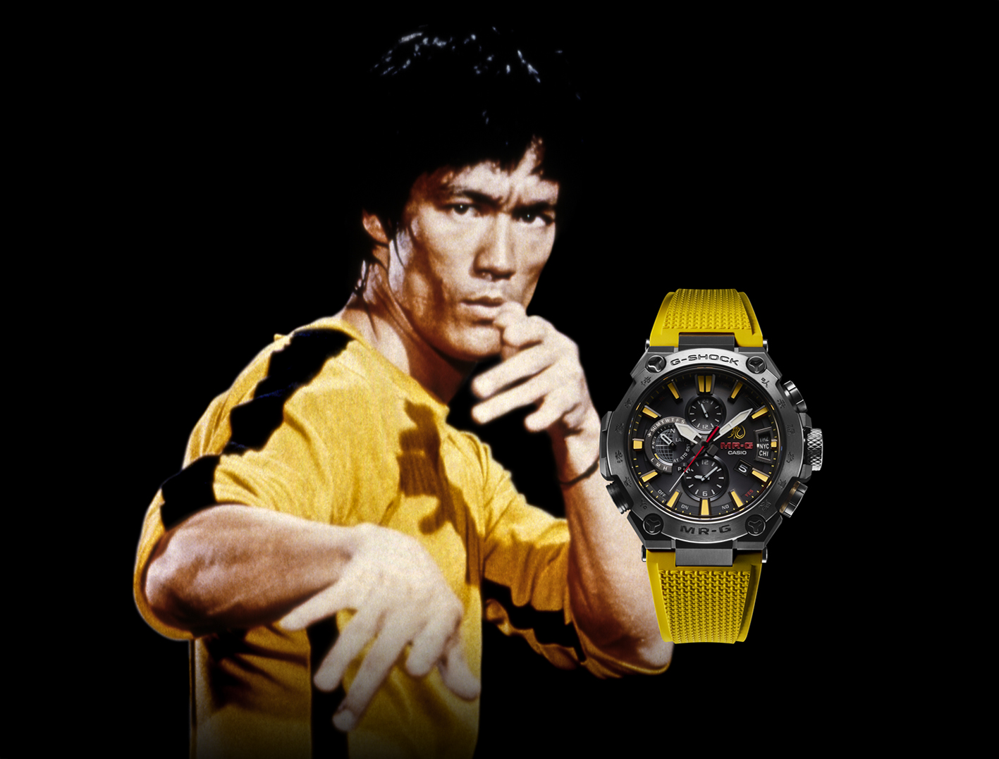 G-SHOCK x Bruce Lee李小龍，以他經典黑黃配色運動服為設計靈感，限量300只。（台灣卡西歐提供）