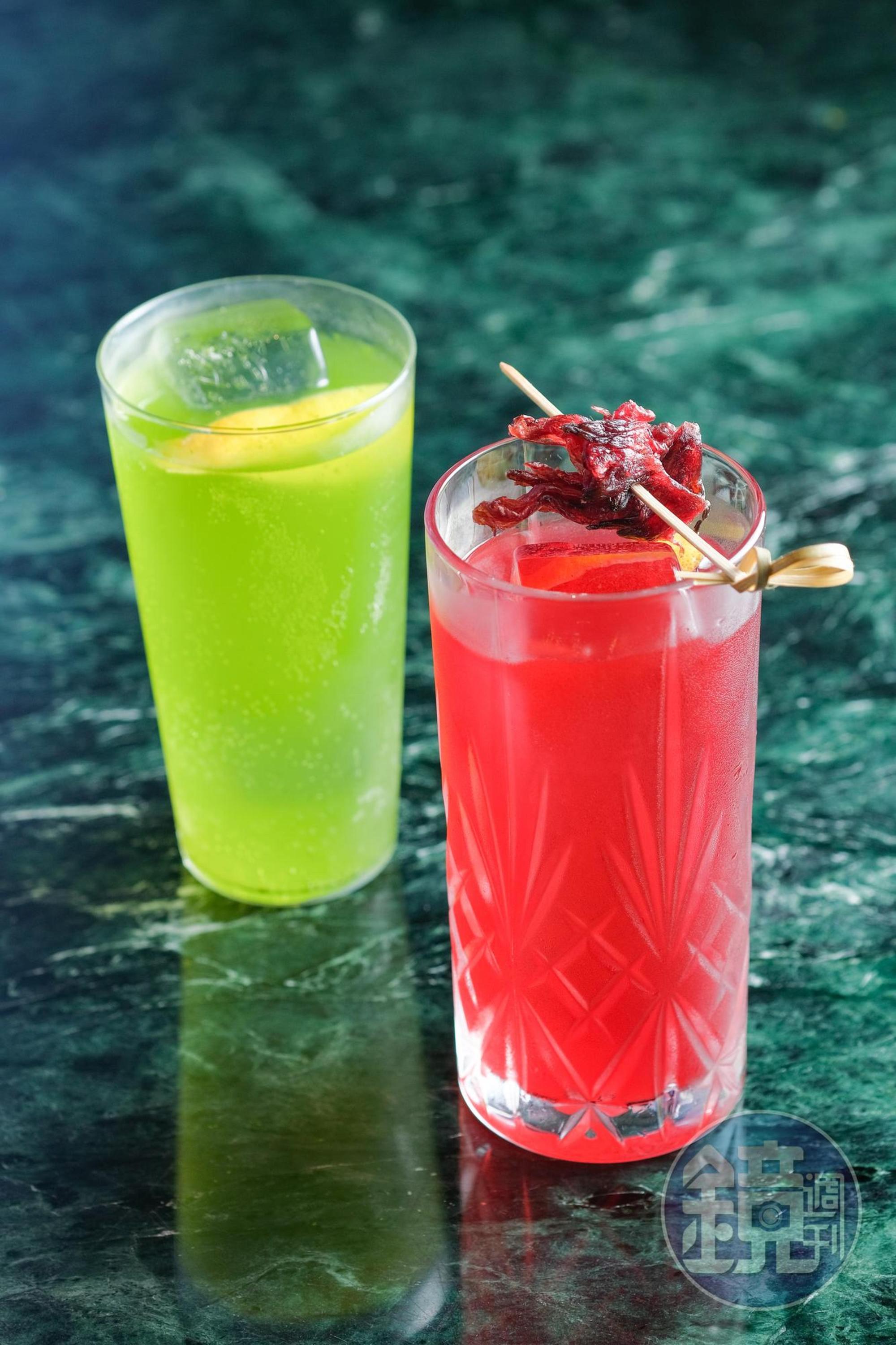 與「Fourplay」合作的調酒「抹茶琴湯尼」（左，350元／杯）和「洛神蘇打」（右，300元／杯）一苦一甜。