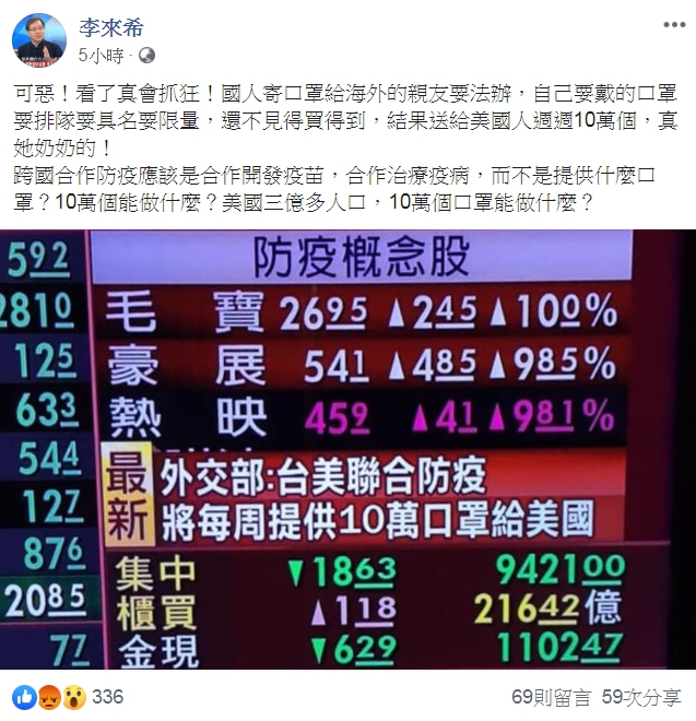 李來希在臉書上不滿台灣送給美國人週週10萬個口罩,怒罵「真她XX的!」(翻攝自李來希臉書)
