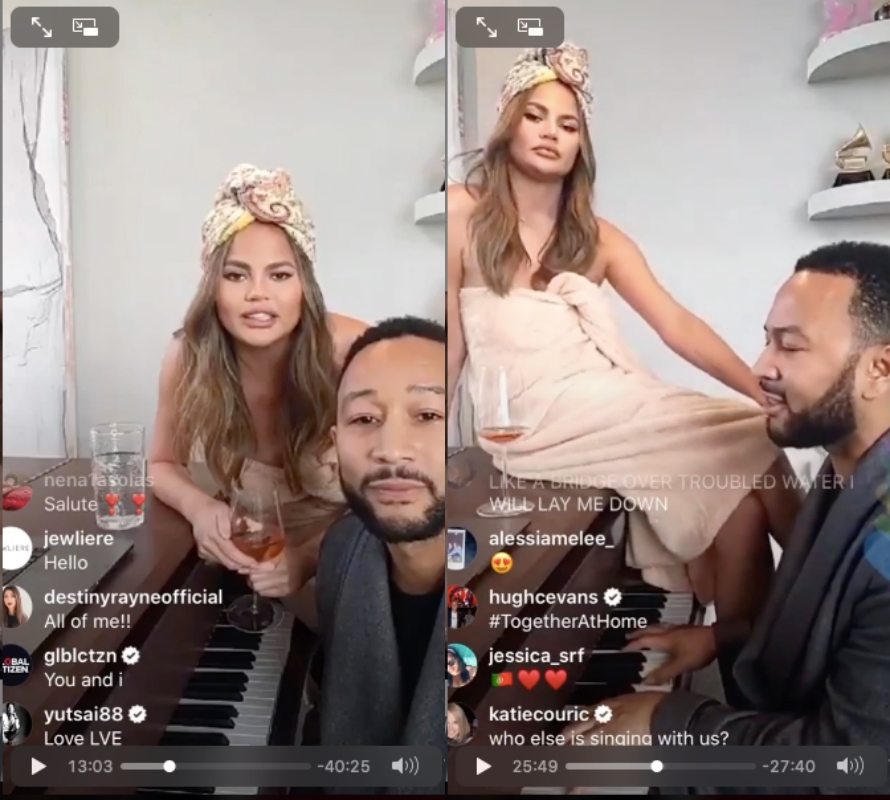 歌手約翰傳奇（右）跟老婆莉絲汀泰根（左），在家直播演唱會，陪伴大家「居家防疫」。 （翻攝自John Legend官方Instagram）