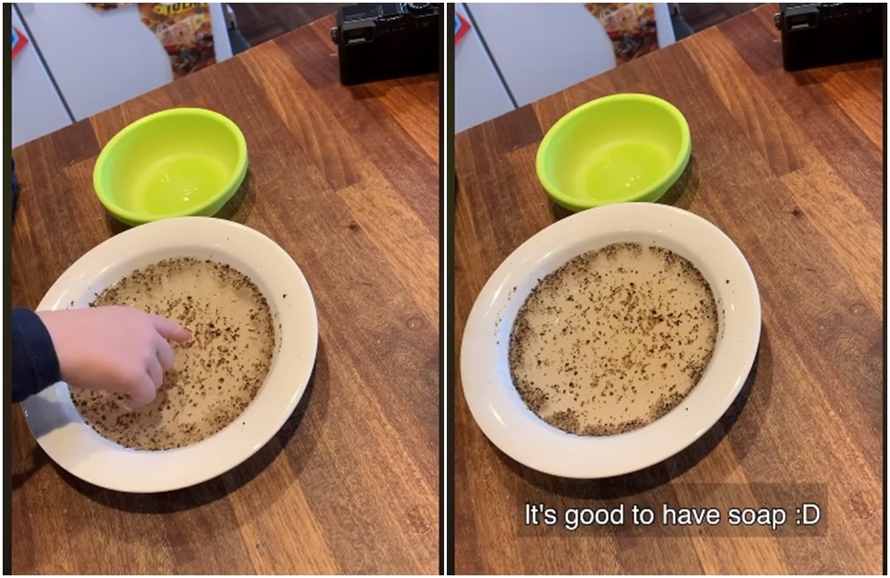 一名芬蘭父親自製胡椒水實驗，教導女兒洗手防疫的重要性。（翻攝自Valokuvaaja Ari Mäkiö臉書）