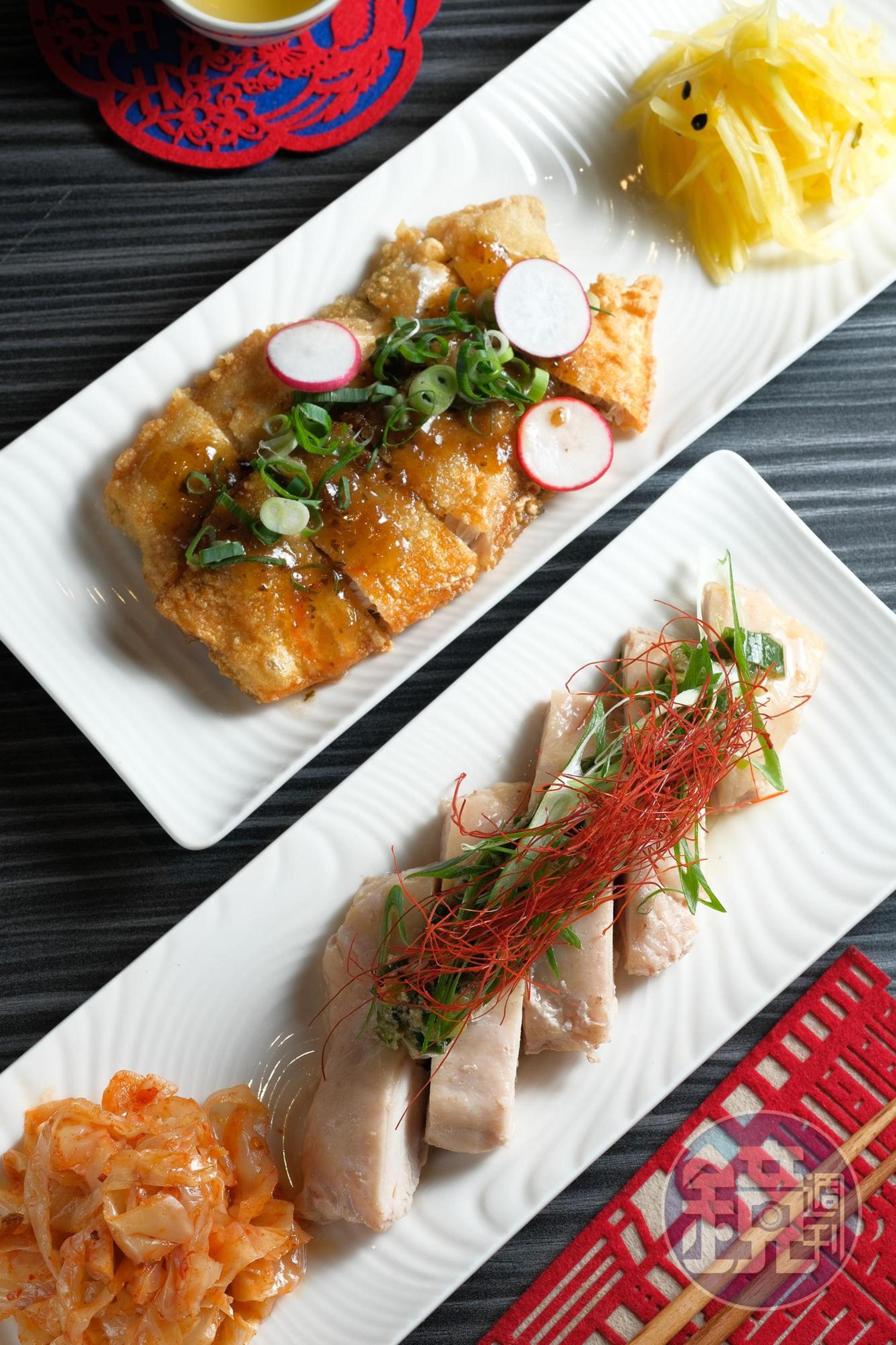 「蔥油雞腿」(前,250元/份)是柔嫩甜心,「香酥台南虱目魚肚」(後,320元/份)和紫蘇梅醬,成了暗藏少女心的炸物。