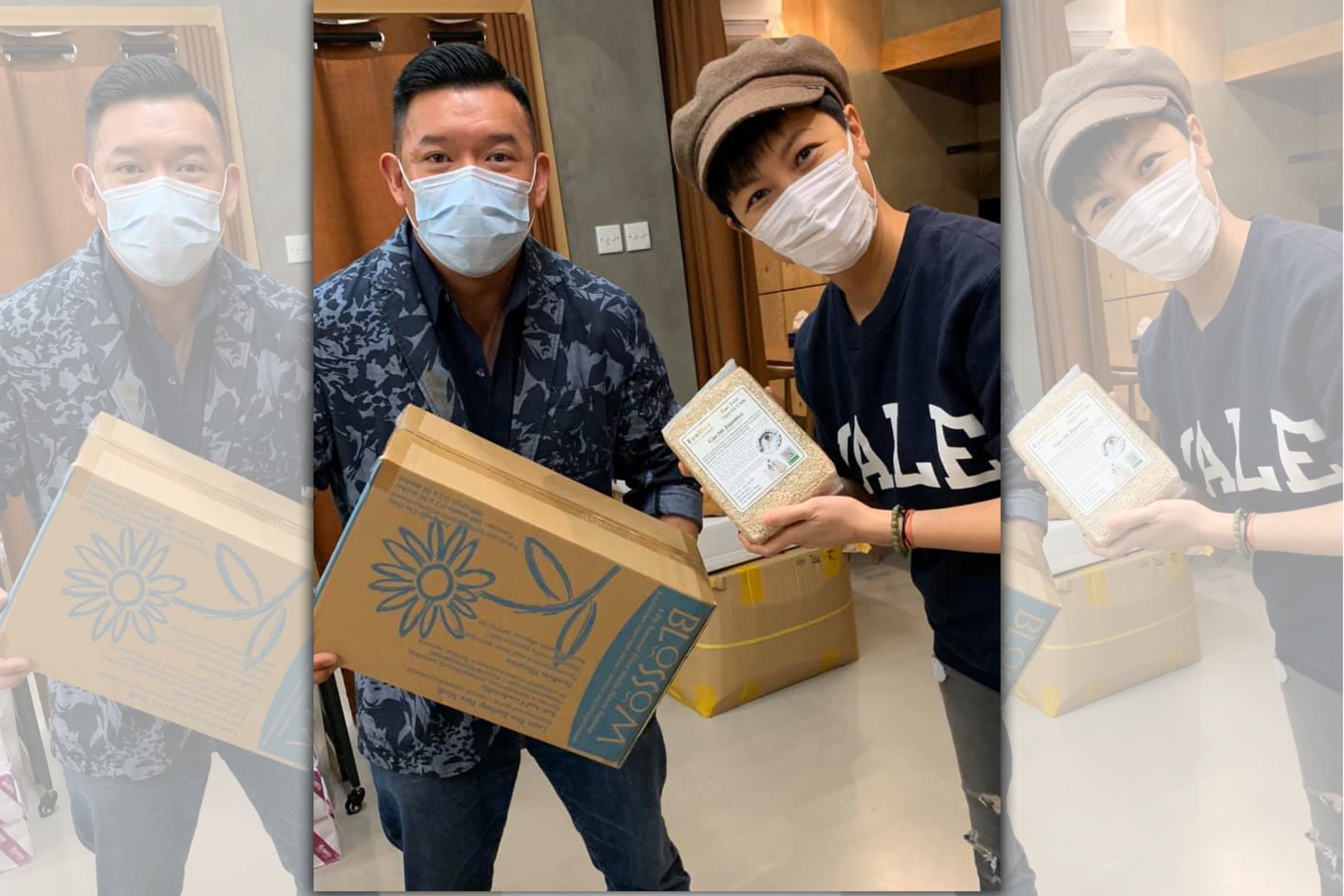 杜汶澤昨天在社交網站上放上跟何韻詩合照，昨片中他跟何韻詩一人拿口罩一人拿米，來交換物資。（翻攝杜汶澤臉書）