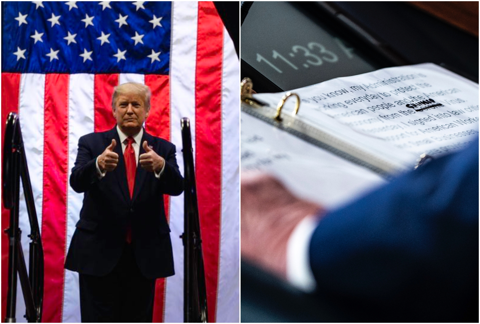 川普被攝影記者拍到，在簡報會議上狠狠把「新冠病毒」劃掉，更直接改寫成「中國病毒」。（翻攝自推特）