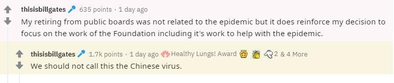 比爾蓋茲為不應該稱它為「中國病毒」。(翻攝自Reddit)