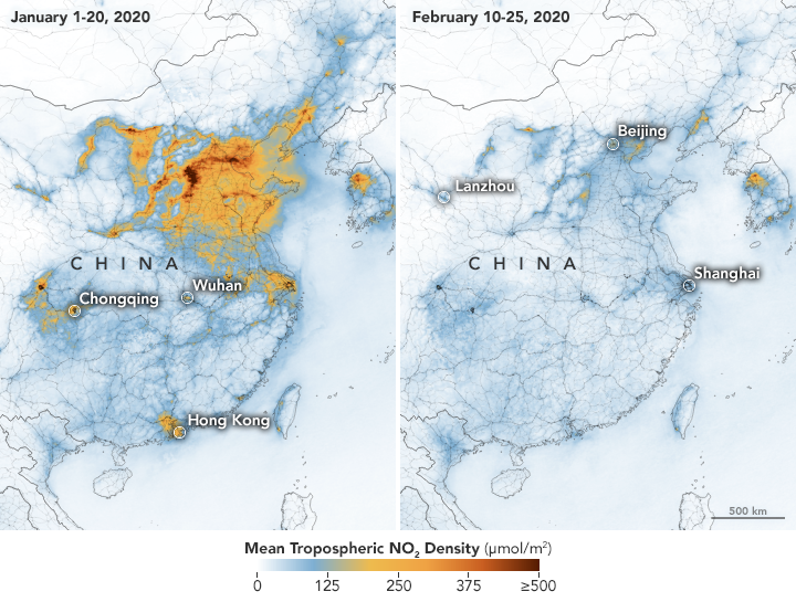 美國NASA圖片顯示，二月份中國上空的二氧化氮濃度明顯下降，可能與防疫期間經濟活動停擺有關。（網路截圖：NASA Earth）