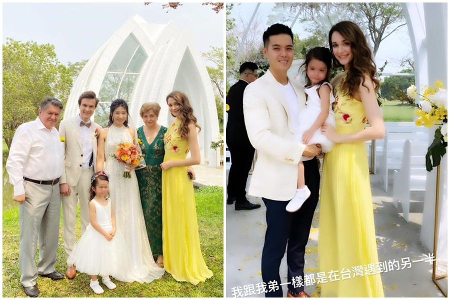 瑞莎一家人在婚禮上的合照，瑞莎、老公Mike及女兒Nika一起出席瑞莎弟弟的婚禮。（翻攝自瑞莎臉書）