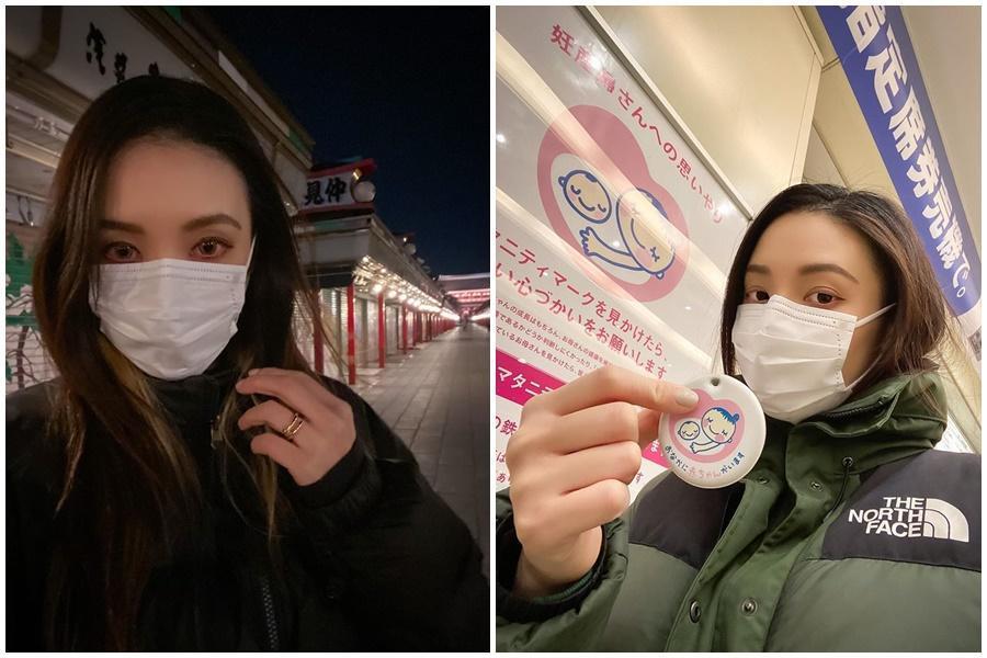 歐陽靖很早就開始注意疫情,懷孕的她現在出門口罩是必備。(翻攝自歐陽靖臉書)