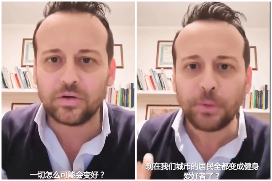 對於義大利居民無視防疫禁令的行為,義大利德利亞市市長班伽利氣到拍片砲轟。(翻攝自微博)