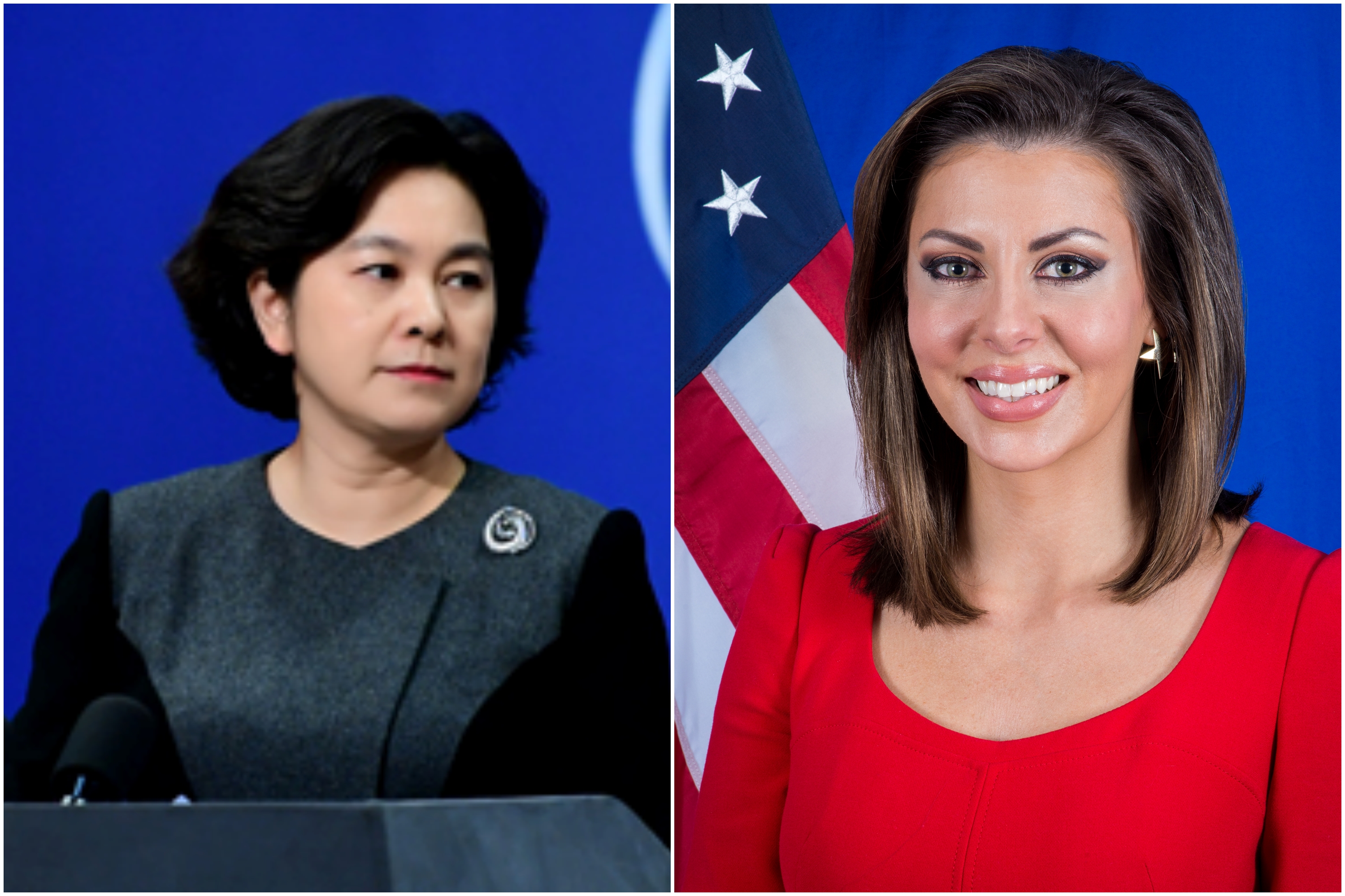 中國外交部發言人華春瑩（左，翻攝自中國外交部官網）與美國國務院發言人歐塔加斯（右，翻攝自美國務院官網）在網路上唇槍舌戰。