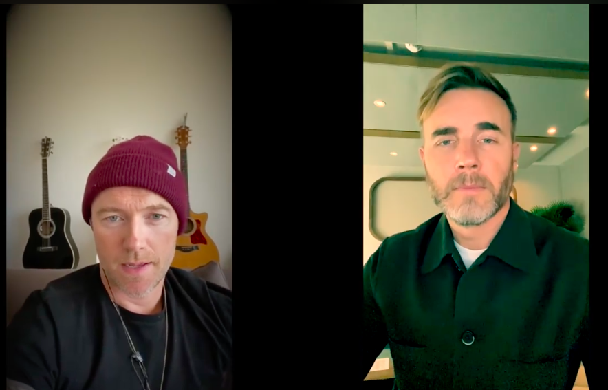 「接招」主唱蓋瑞巴洛（右）與「男孩特區」的羅南網路合唱。（翻攝自Gary Barlow官方臉書）