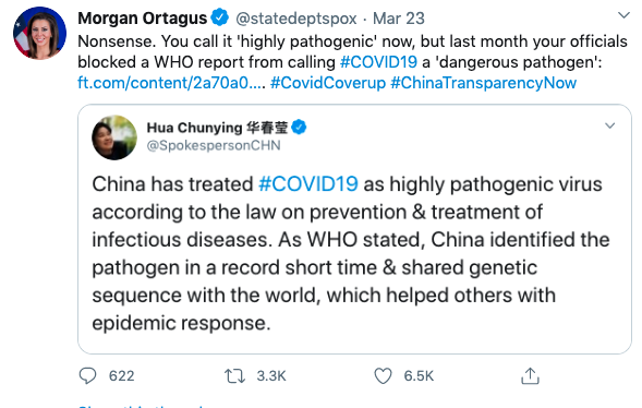 歐塔加斯痛斥華春瑩一派胡言,下方留言出卻引出一堆中國網友叫好。(翻攝自Morgan Ortagus twitter)