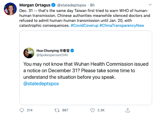 歐塔加斯進一步指出，是台灣率先試圖警告世界衛生組織疫情嚴重性。（翻攝自Morgan Ortagus twitter）