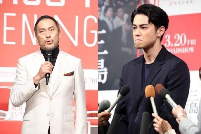 東出昌大(右)日前出席新片宣傳活動針對外遇一事說明,渣男語錄就連身為偷吃慣犯的岳父渡邊謙(左)都聽不下去。(翻攝自日本雅虎)