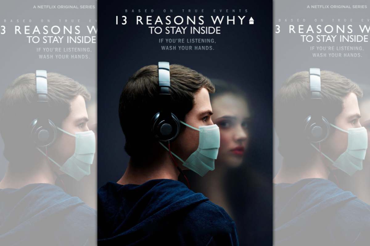 《漢娜的遺言》（13 Reasons Why），男主角多了口罩，變成了「漢娜的遺言：待在家」。（翻攝自Boss Logic官方推特）