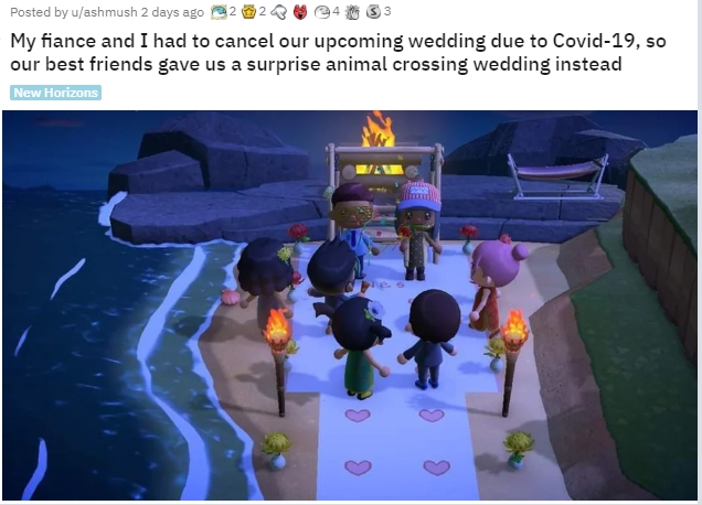 受到疫情影響，Switch遊戲《集合啦！動物森友會》玩家在線上舉辦小而美的婚禮。（翻攝自reddit）