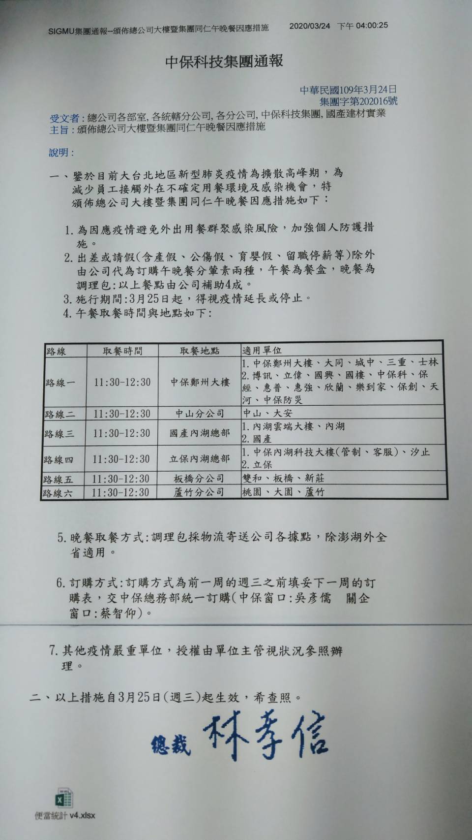 中保總公司近日發出內部通報，統一由公司代訂餐。（讀者提供）