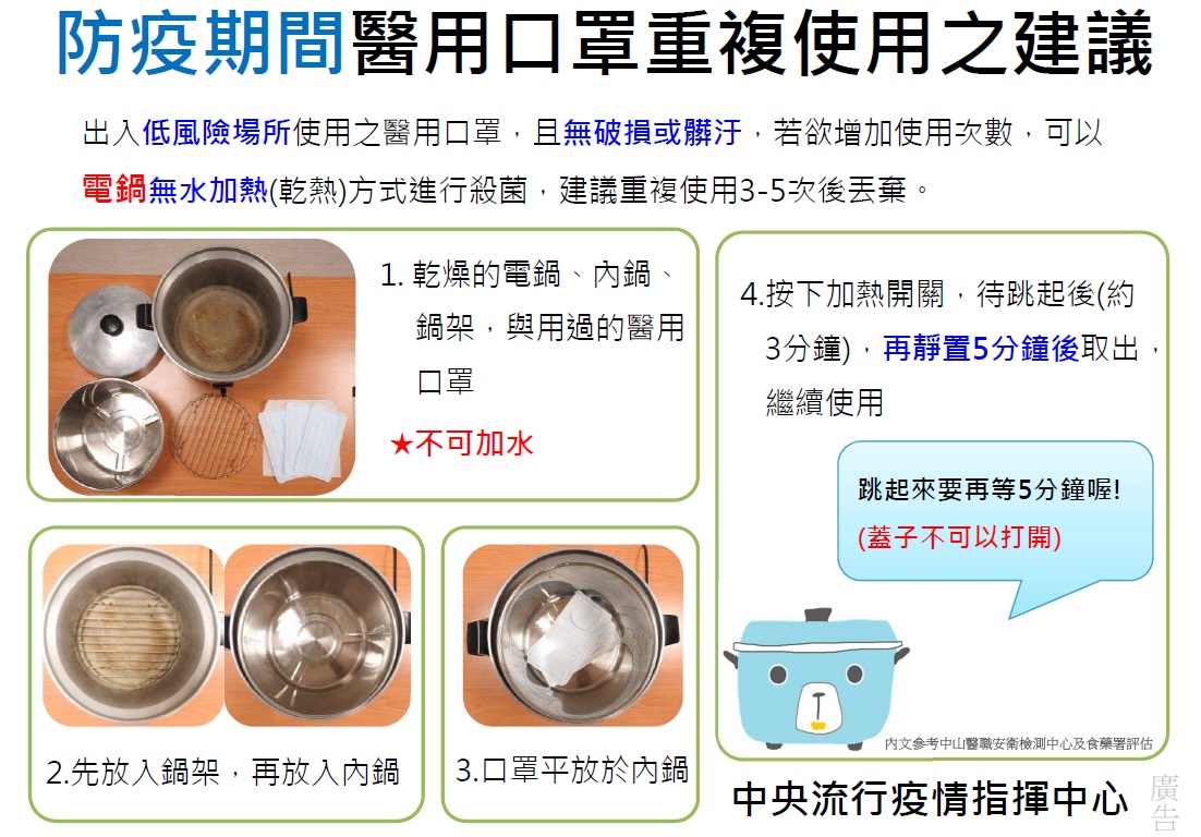 食藥署教導民眾如何利用電鍋重複使用口罩。（翻攝自食藥署粉絲專頁）