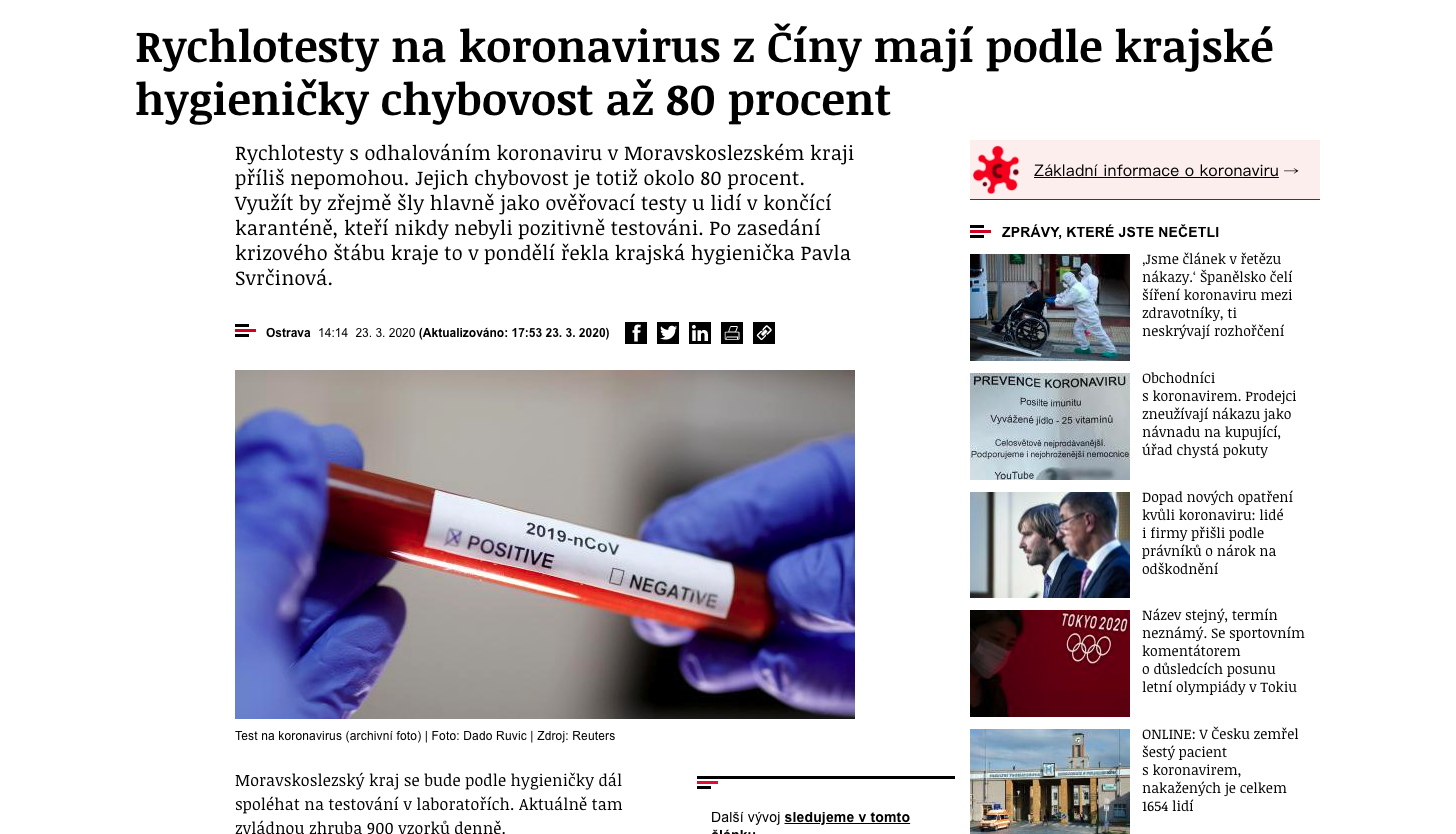 衛生單位一連檢驗5天發現，驚覺中國製快篩劑錯誤率高達80％。（翻攝自《irozhlas》網站）