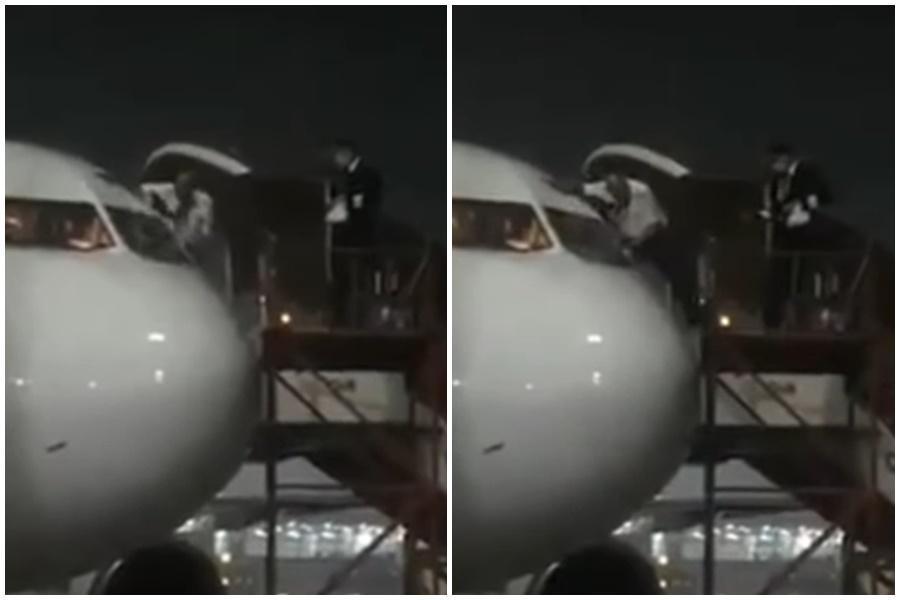 機師為避免接觸座艙乘客，下機時竟從駕駛艙窗戶爬出來。（翻攝自SKY lovers Youtube頻道）
