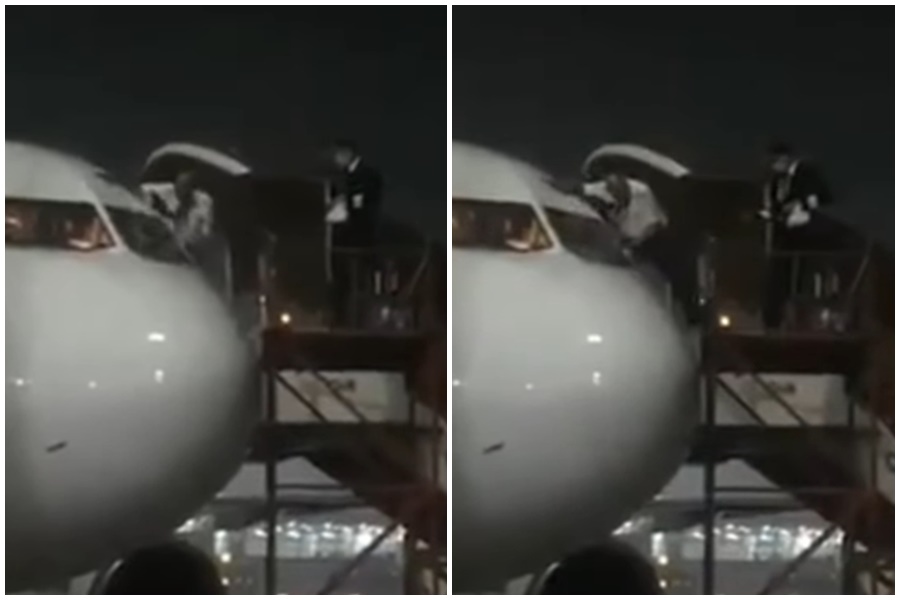 機師為避免接觸座艙乘客，下機時竟從駕駛艙窗戶爬出來。（翻攝自SKY lovers Youtube頻道）