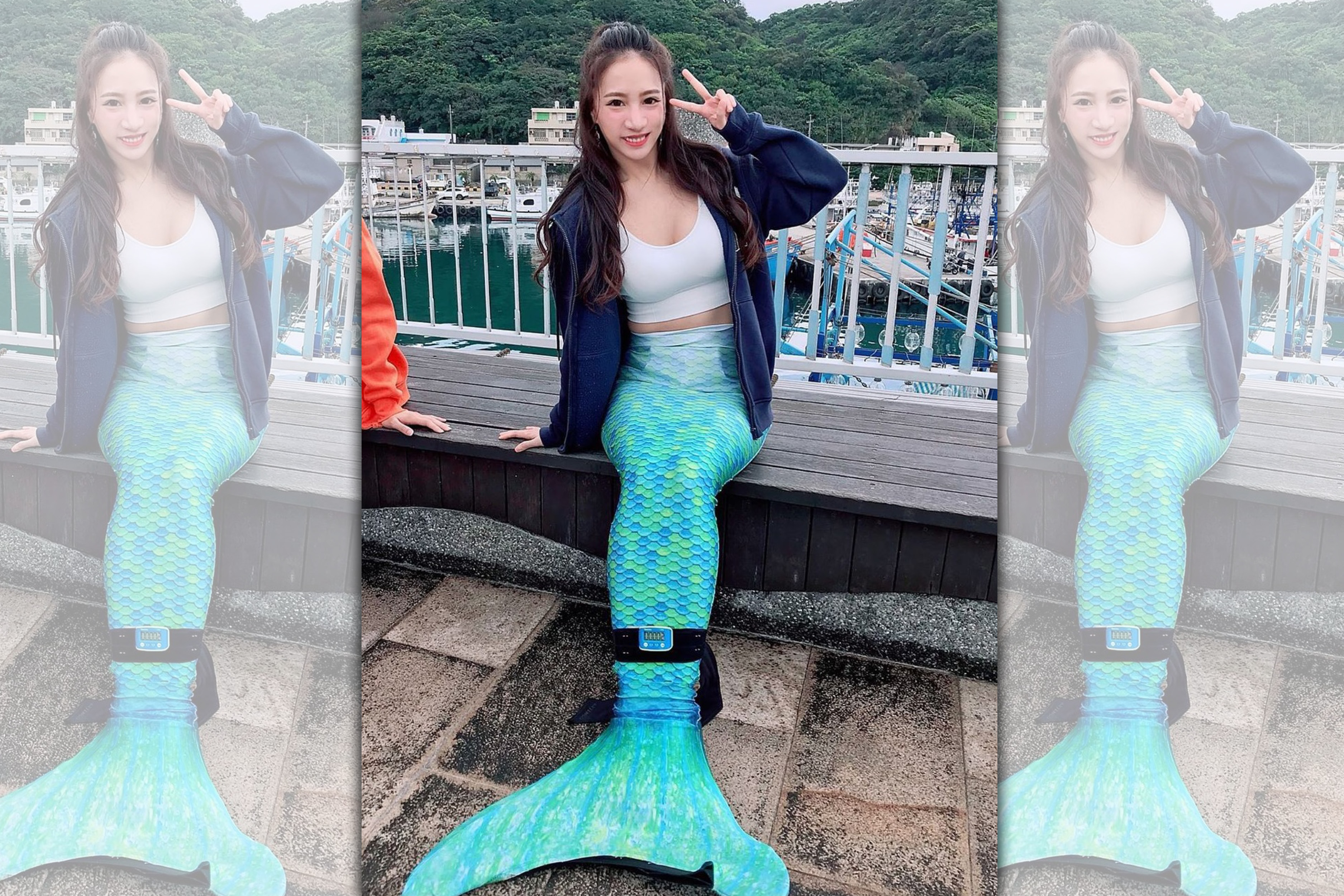 林采緹胸前深U剪裁露出豐滿北半球、事業線，下半身套上錄影所需的美人魚裙襬。（翻攝自林采緹IG）