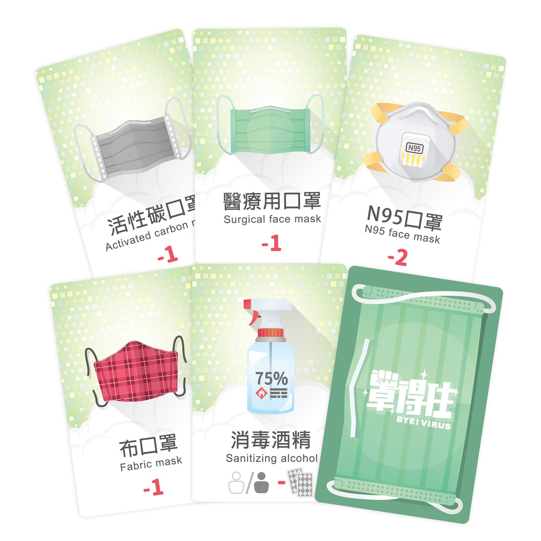 口罩如果囤積過多、找不到人物牌組合，最後會被扣分。（2Plus桌遊設計工作室提供）