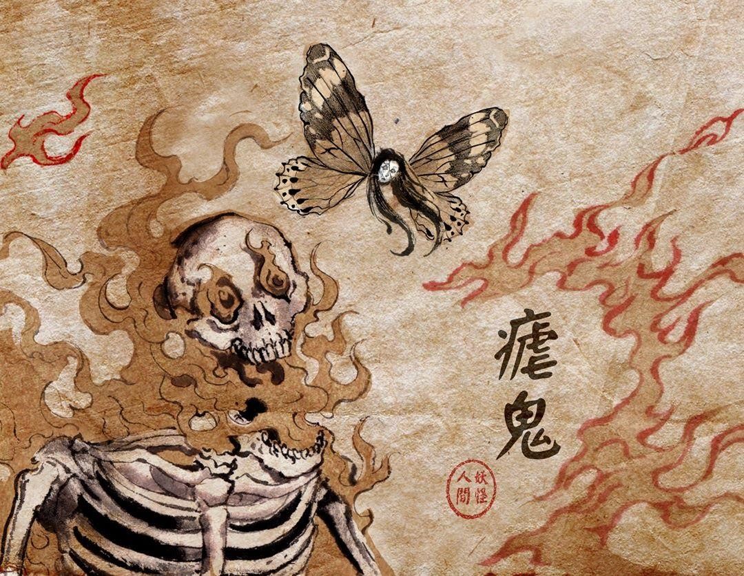 葉羽桐為《妖怪人間》繪出的「瘧鬼」,擁有人頭蝶身,還會為人類帶來傳染病災難。(翻攝自妖怪人間臉書粉絲頁)