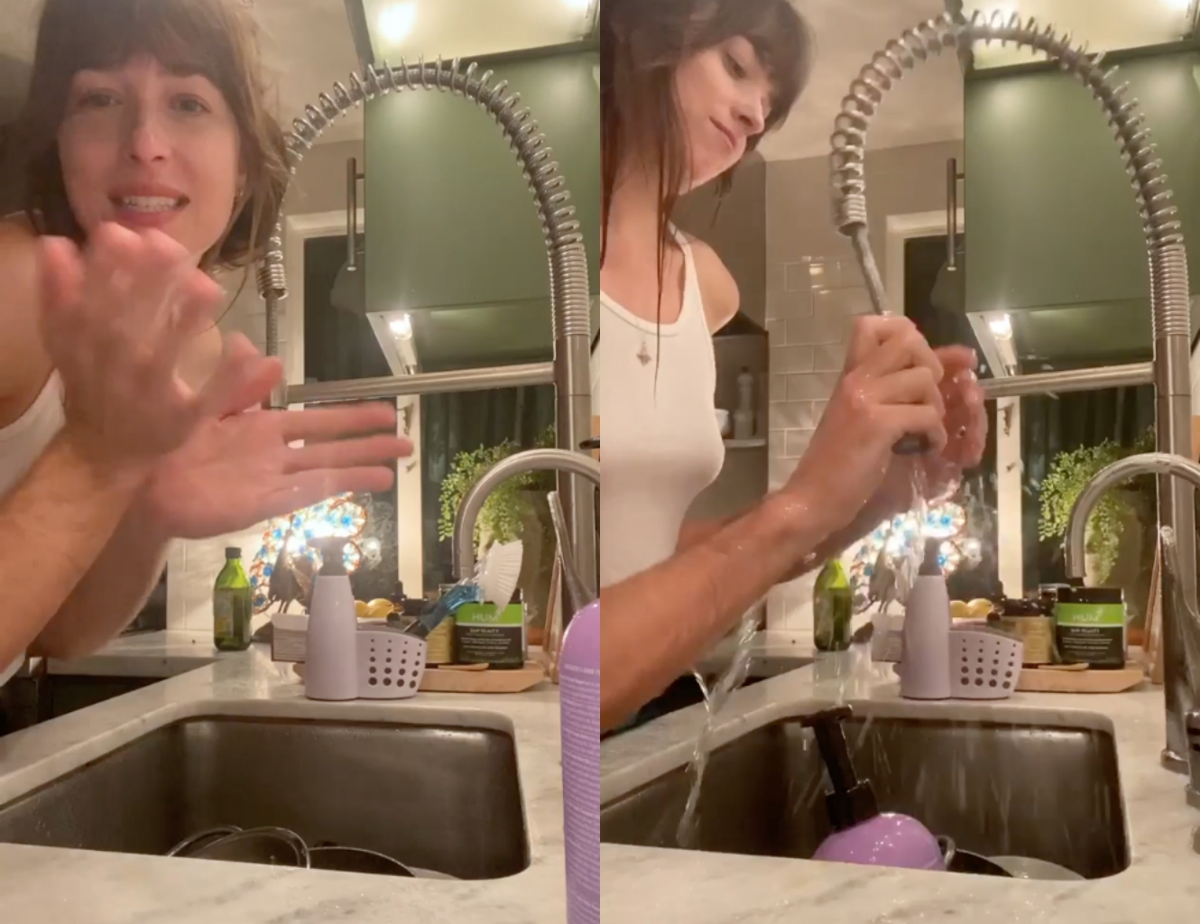 達柯塔強生加入名人示範洗手挑戰,但那雙手不是她的,是克里斯馬汀的。(翻攝自Olivia Wilde官方Instagram)