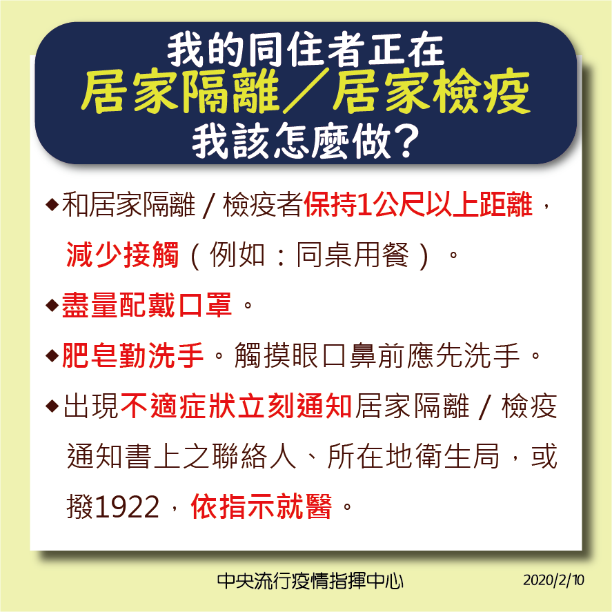 居家檢疫或隔離者的家人或室友的注意事項。（中央流行疫情指揮中心提供）