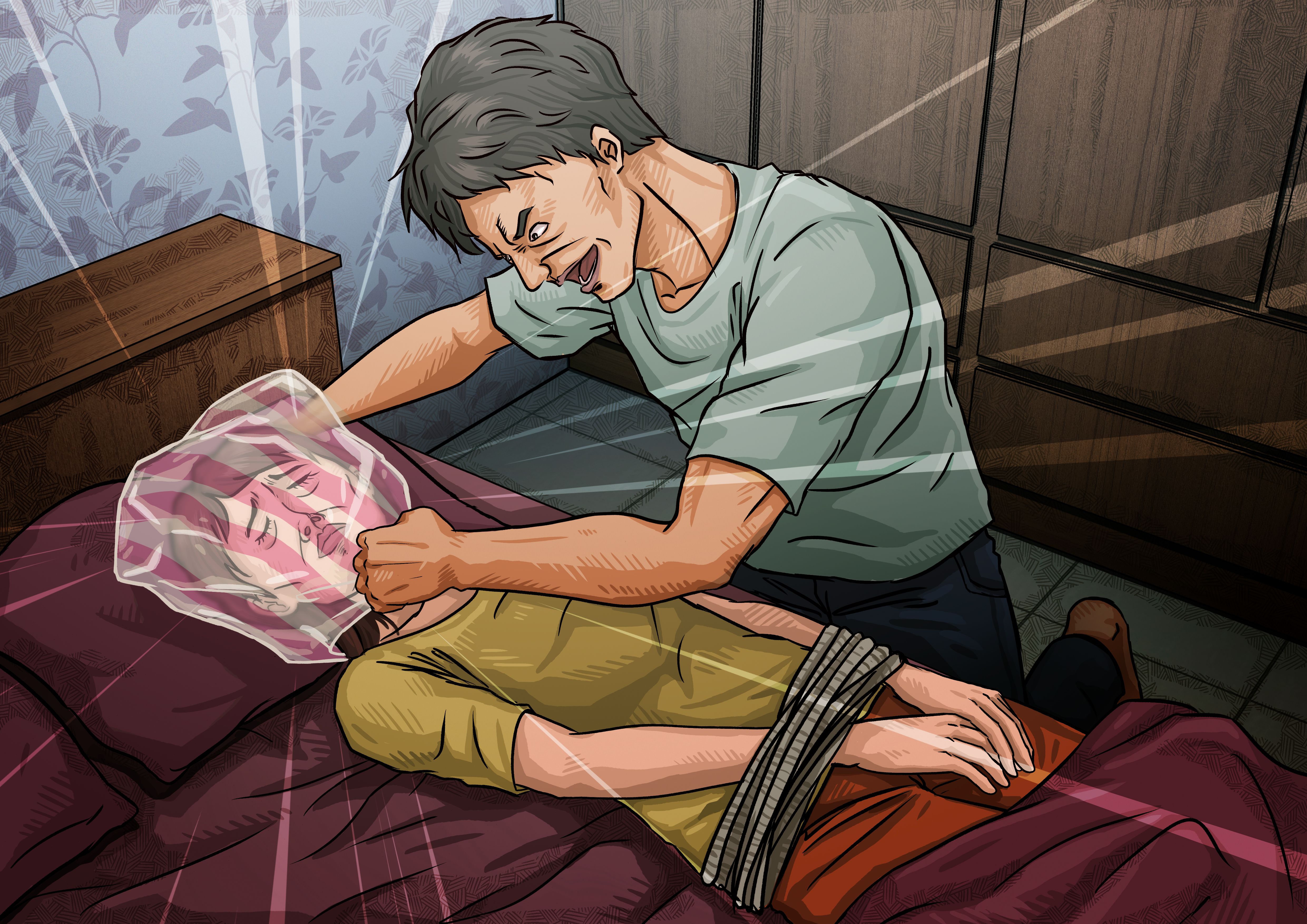 吳應弘迷昏潘阿愛後，先用尼龍繩將她綁在床上，再以塑膠套悶頭下殺手。