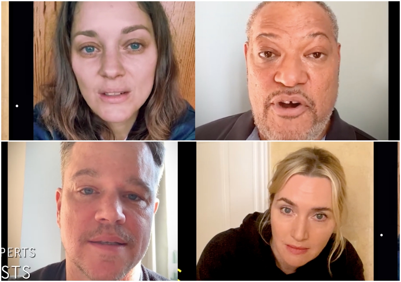 麥特戴蒙（左下）、凱特溫斯蕾（右下）、瑪莉詠柯蒂亞（左上）、勞倫斯費許朋（右上），錄製宣導防疫短片。（翻攝自 Columbia Public Health官方YouTube）