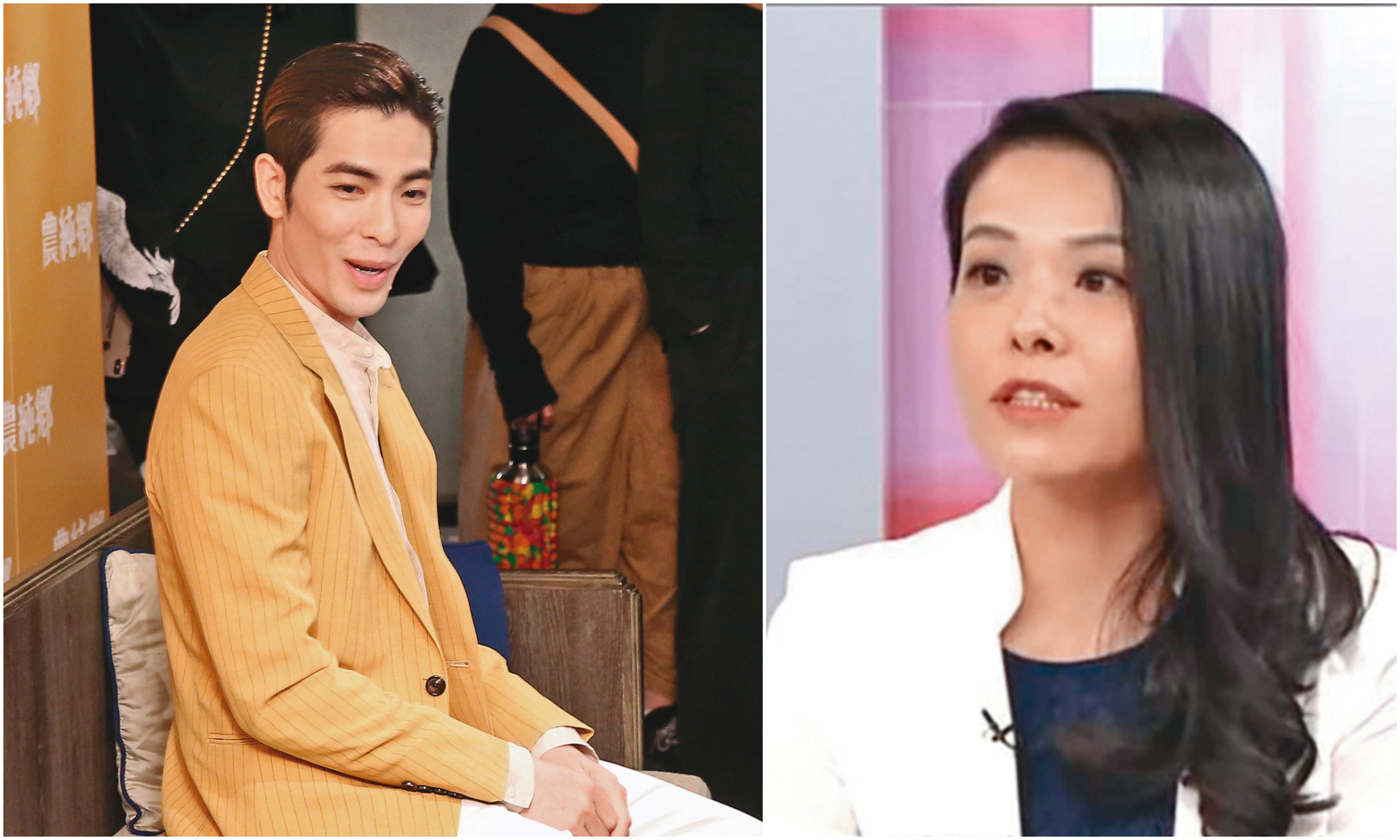 蕭敬騰（左）就連坐下時，也有種古錐萌趣，毫無巨星包袱，同時完整展現嘴巴靈活度。右為立委高虹安。