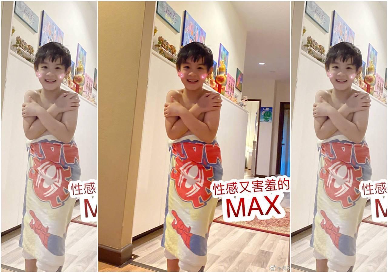 吳尊出賣Max，貼出一張他的性感照片，相片中的Max 圍著毛巾、上身裸露，發現被拍立即用手護身。（吳尊微博）