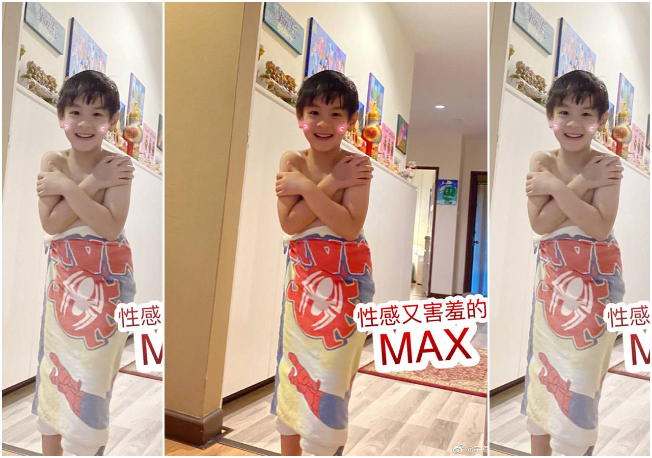 吳尊出賣Max，貼出一張他的性感照片，相片中的Max 圍著毛巾、上身裸露，發現被拍立即用手護身。（吳尊微博）