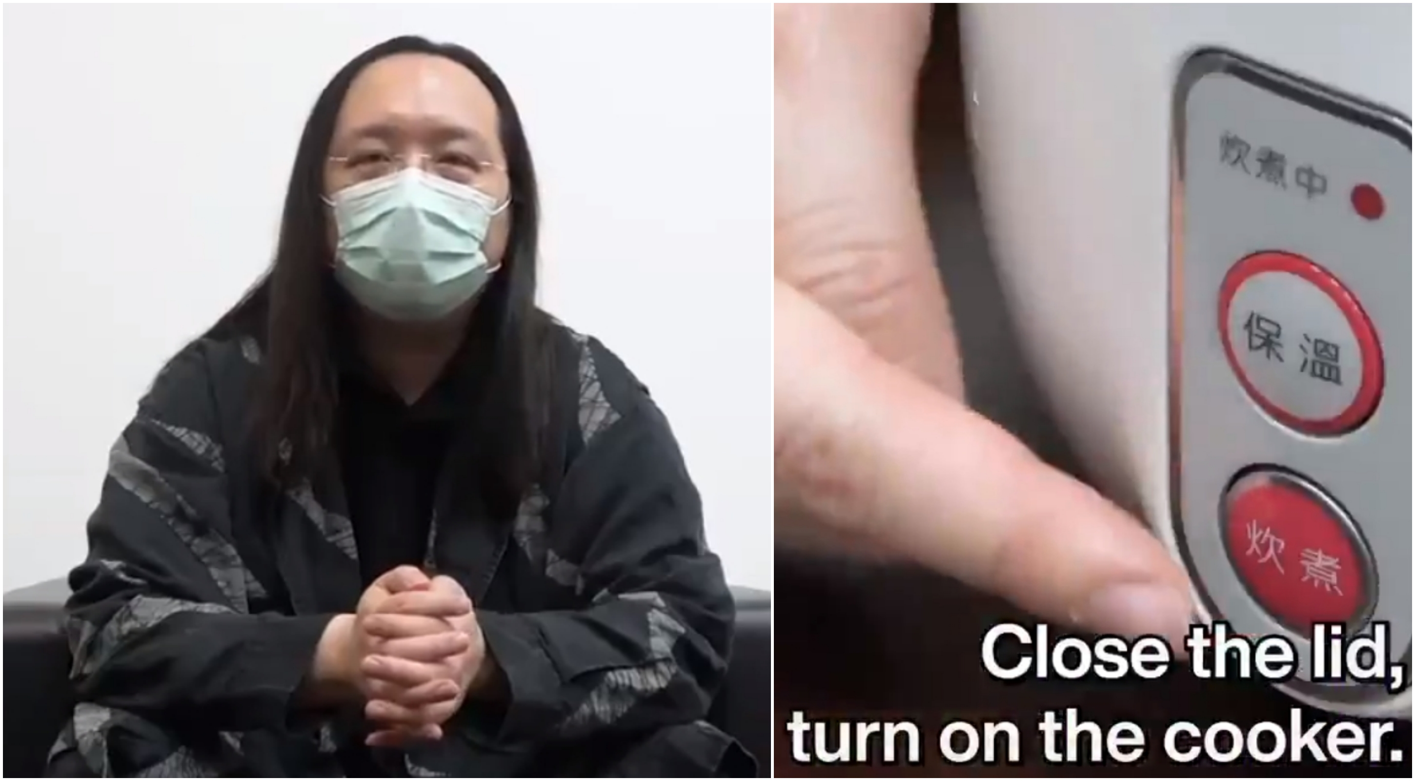 唐鳳親自拍攝影片,教大家如何用電鍋幫口罩殺菌。(翻攝自@audreyt推特)