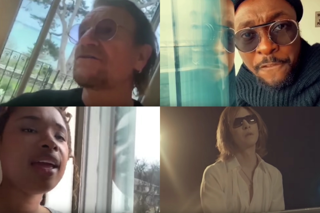 U2主唱波諾（左上）、「黑眼豆豆」主唱will.i.am（右上）、珍妮佛哈德森（左下）、X Japan團長YOSHIKI，一起完成〈#Sing4Life〉。（翻攝自will.i.am官方YouTube）