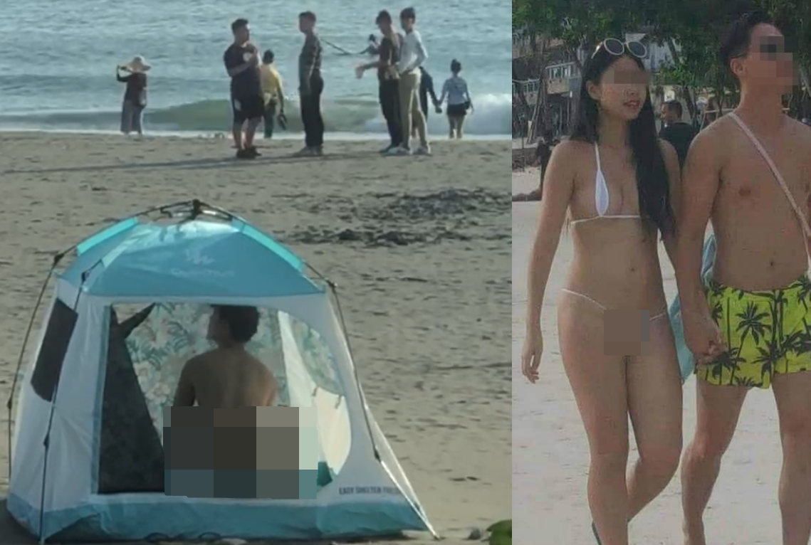 漁光島激戰情侶身份遭起底,疑是去年在長灘島引發熱議的一條線比基尼妹。(翻攝自網路)