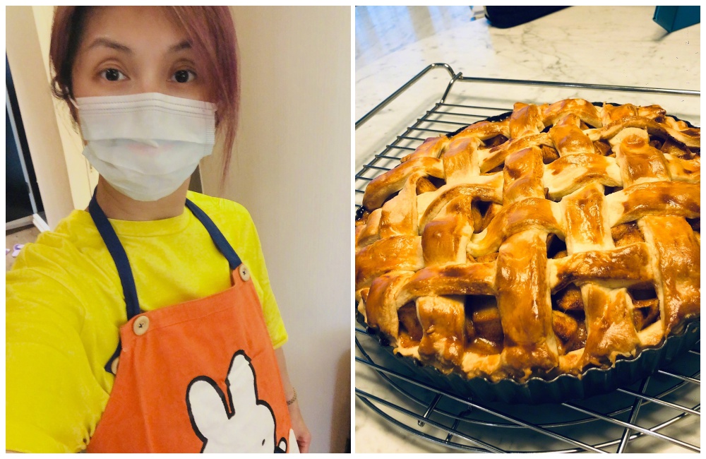 楊千嬅連日來以「丁太廚房」之名為家人下廚，蘋果派讓老公丁子高讚不絕口。（翻攝自楊千嬅微博）