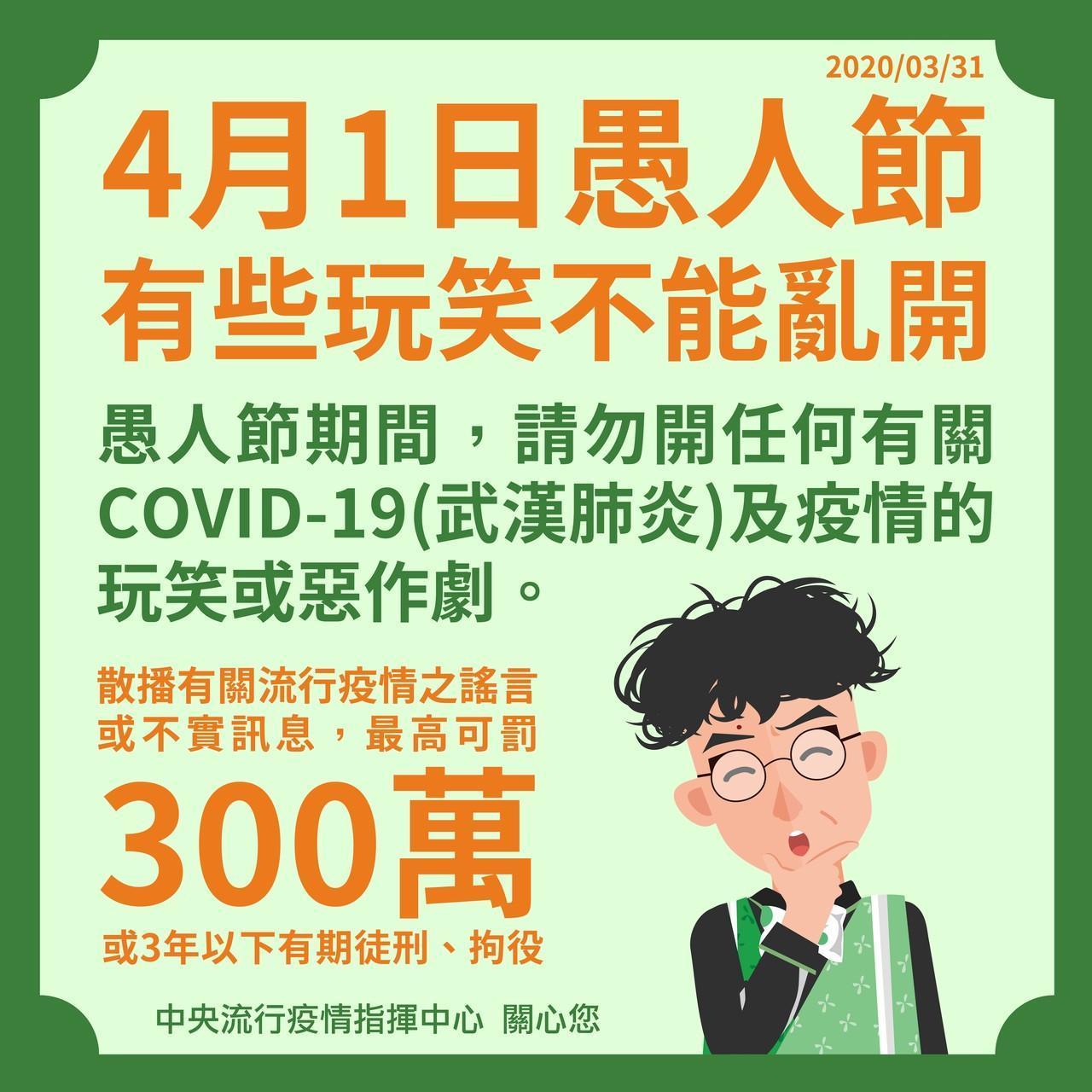 在台灣拿新冠肺炎或疫情開愚人節玩笑將受重罰。(翻攝疾管家)