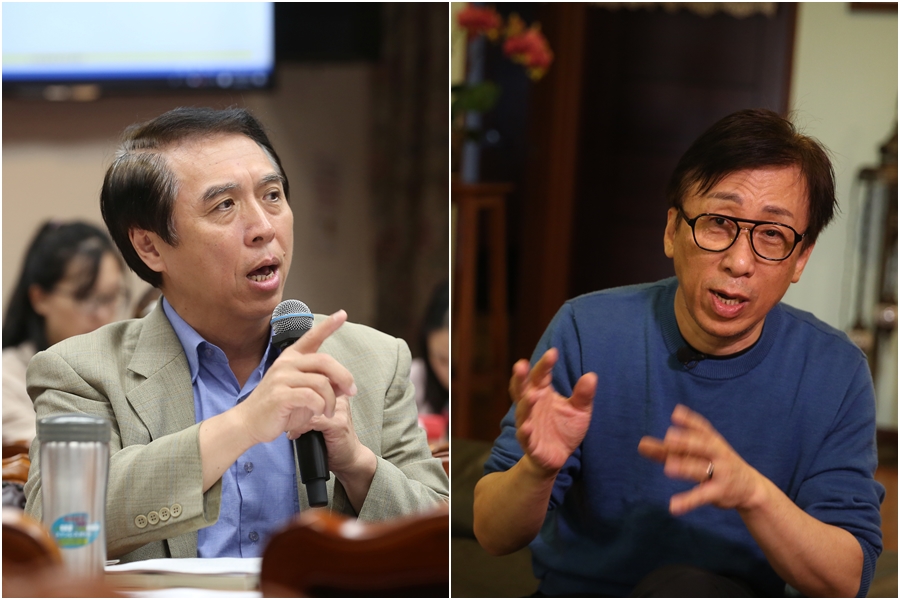 陳學聖(左圖)不滿政府捐千萬片口罩批黑箱,作家苦苓(右圖)則分析現在剩4種人在路上排隊買口罩。(資料照)