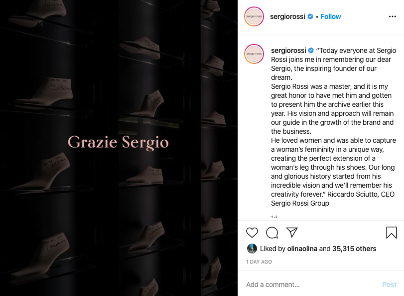  品牌現任行政總裁Riccardo Sciutto在官方IG上表示哀悼。（翻攝自Sergio Rossi IG）