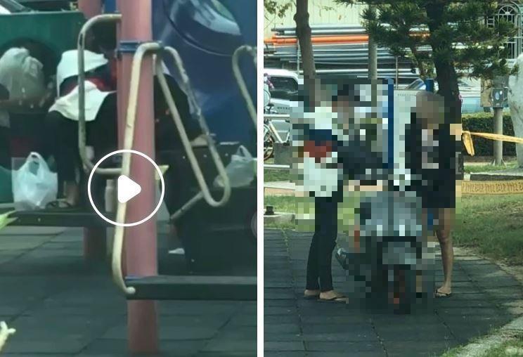 情侶忘情在公園內上演四腳獸情節。（翻攝臉書）
