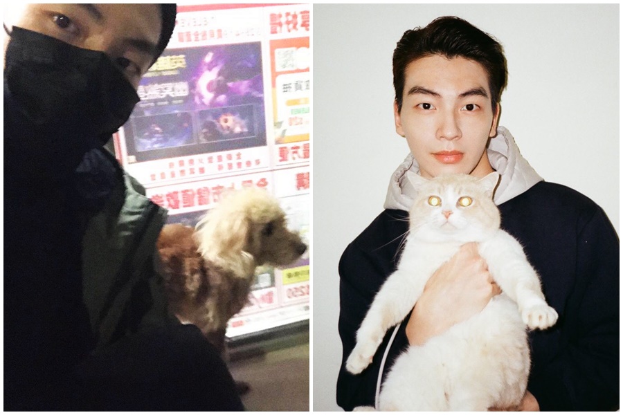 張洛偍近來因為疫情影響，一些工作也隨之暫停；日前他在雨中發現有疑似走失的小狗，陪伴牠等候主人歸來。（周子娛樂提供）