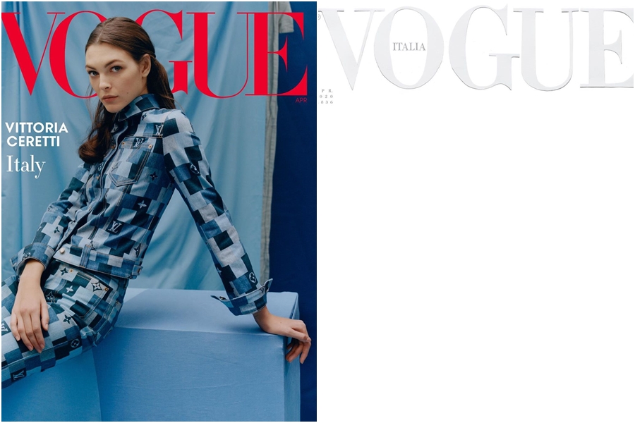 義大利版《VOGUE》最新一期雜誌封面（右圖）沒有明星和超模入鏡，不尋常的呈現方式引起話題討論。（翻攝IG vogueitalia）
