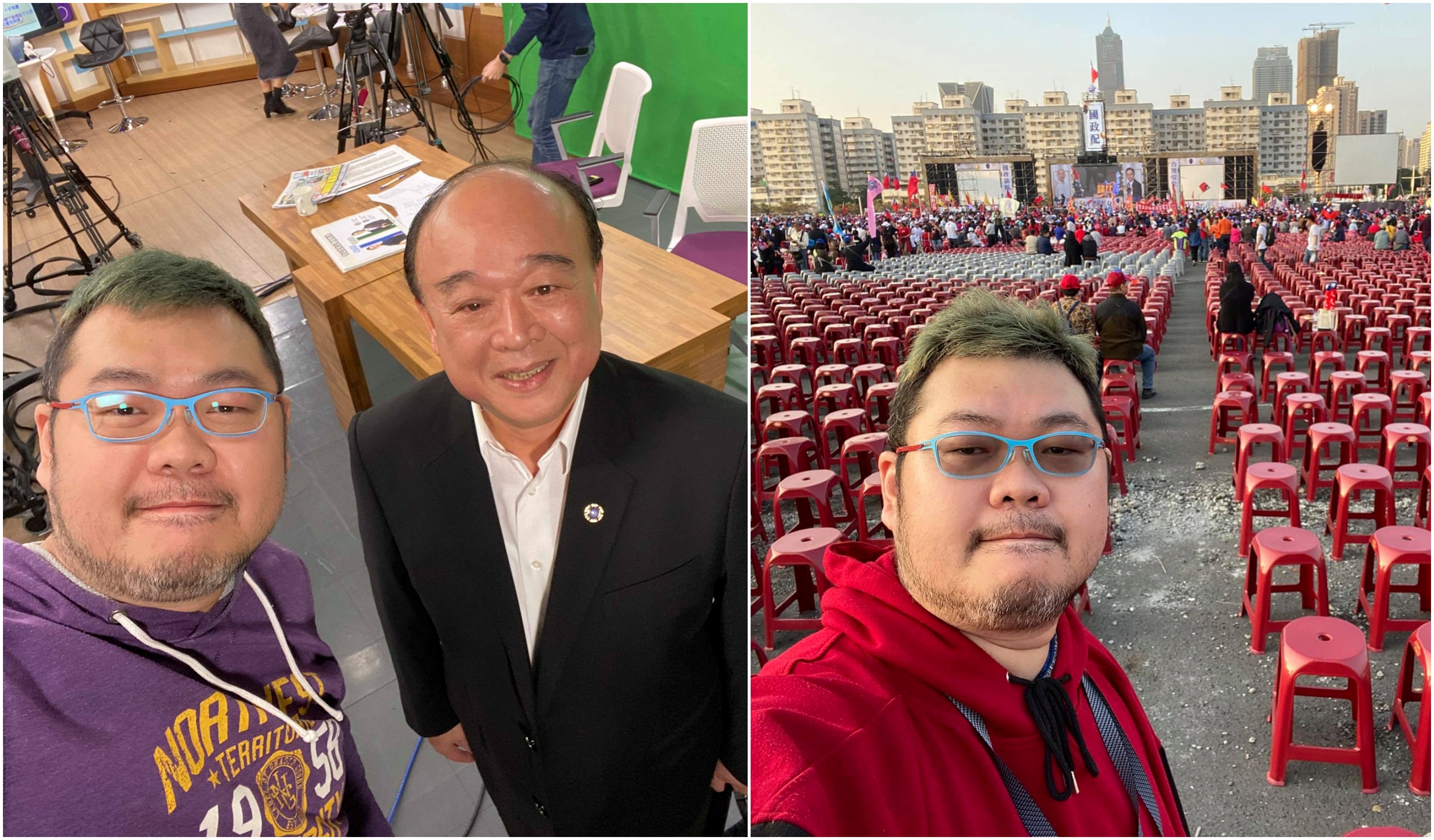 四叉貓活躍於各種政治或社會活動，和各種不同立場的人物都合照過，去年選舉時還化身「椅子精算師」。（翻攝自四叉貓臉書）