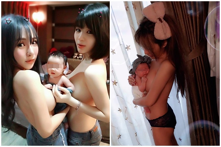 臉書粉絲頁「我和兩個媽媽」先前因為裸胸夾著嬰兒照片一夕爆紅。（翻攝自臉書我和兩個媽媽）