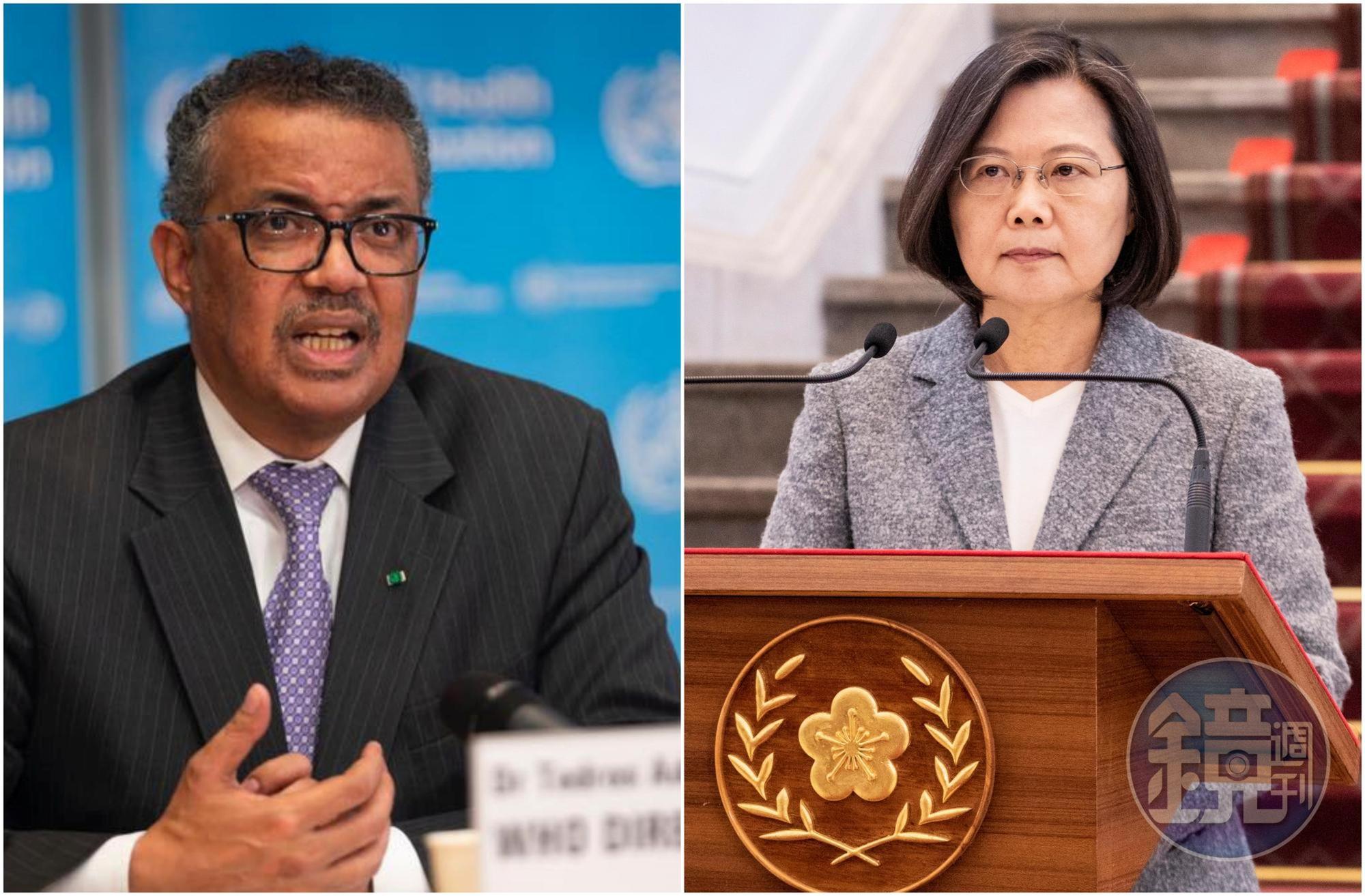 譚德塞(左)指控台灣人種族歧視,總統蔡英文表示抗議,並邀請他親自來台體驗被國際歧視的感受。(左圖翻攝自譚德塞臉書)